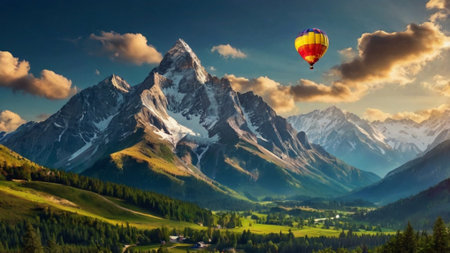Colorful hot air balloon flying over the mountains. Beautiful nature landscape.の写真素材