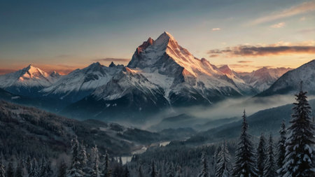Beautiful winter sunrise in the mountains. Panoramic view.の写真素材