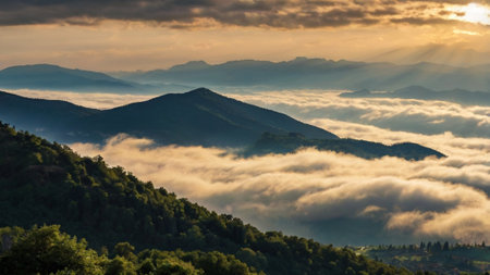 Mountain landscape with fog in the morning. The sun's rays pass through the clouds.の写真素材