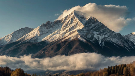Mountain landscape with snow-capped peaks in the clouds.