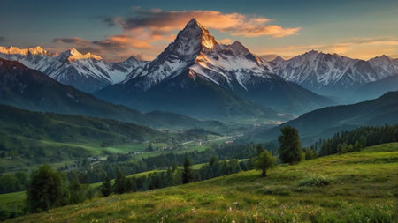 Mountain landscape at sunset. View of the village.の写真素材
