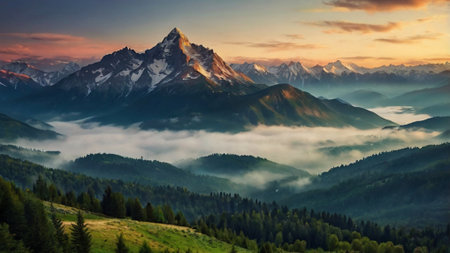Beautiful mountain landscape in the morning mist.の写真素材