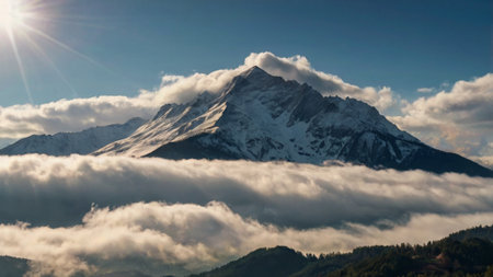 Panoramic view of snow-capped mountains in the cloudsの写真素材