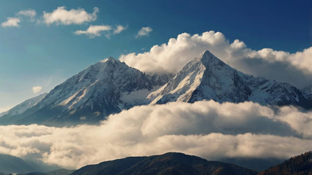 Panoramic view of snow-capped mountains in the clouds