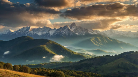 Panoramic view of the Caucasus mountains in the morning light.の写真素材