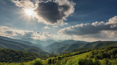 Mountain landscape with sun and clouds. Panoramic view.