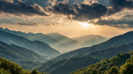 Sunset over the mountains. Beautiful summer landscape. Carpathians, Ukraine, Europe.の写真素材