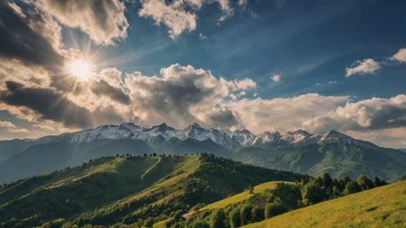 Mountains covered with green grass and blue sky with clouds at sunsetの写真素材
