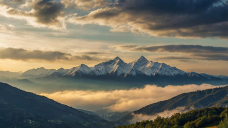 Panoramic view of the mountains covered with clouds at sunset.の写真素材