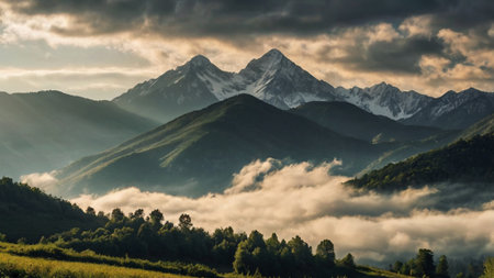 Mountain landscape with clouds and fog. Caucasus Mountains, Georgia.