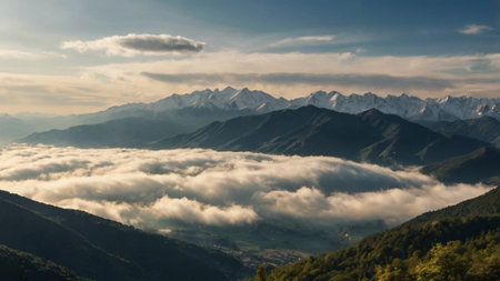 Beautiful view of the mountains and clouds in the morning. Caucasus, Russia