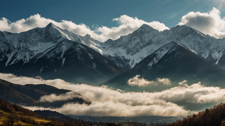 Panoramic view of the mountains in the clouds.の写真素材