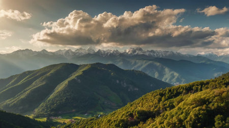 Beautiful mountain landscape at sunset. Caucasus Mountains, Georgia, Europe.の写真素材