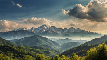 Mountain landscape. Panorama of the Caucasus mountains at sunset.の写真素材