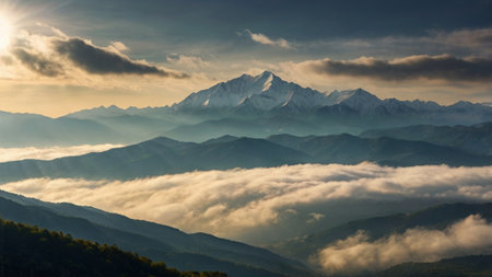 Mountain landscape with clouds at sunset. Caucasus Mountains, Georgia.