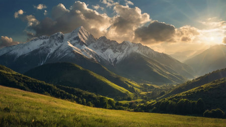 Mountain landscape at sunset. Beautiful view of the mountains.の写真素材