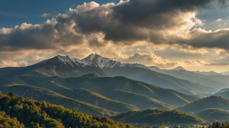 Panoramic view of the mountains in the evening. Caucasus, Russiaの写真素材