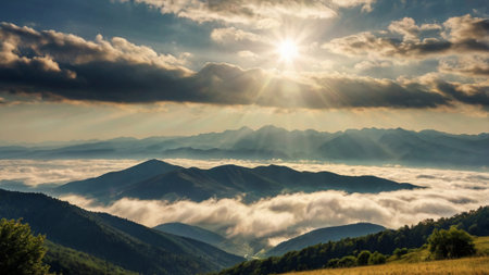 Majestic sunset in the mountains landscape. Dramatic sky. Carpathian, Ukraine, Europe. Beauty world.