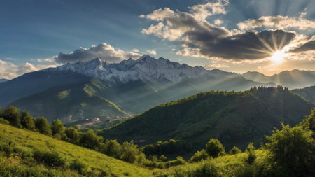 Sunset over the mountains in the summer. Caucasus, Russia.の写真素材