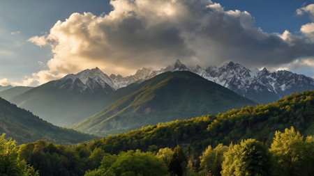 panoramic view of the mountains in the evening, Caucasus, Russiaの写真素材