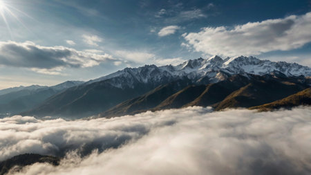 Panoramic view of mountains, with clouds and sunlightの写真素材