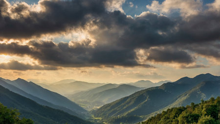 Beautiful sunset in the mountains. Panoramic view of the mountains.の写真素材