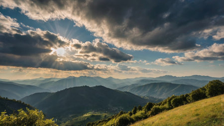 Mountain landscape with clouds and sun at sunset. Carpathian, Ukraineの写真素材