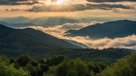 Sunset in the mountains. Beautiful summer landscape of the mountains.