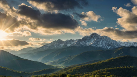 Sunset in the mountains. Panoramic view of the Caucasus Mountains.の写真素材