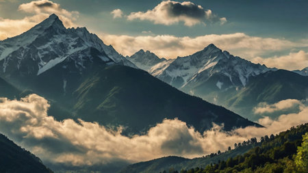 Mountain landscape with clouds. Caucasus, Dombay, Russiaの写真素材