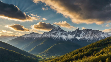 Panoramic view of the mountains at sunset. Caucasus, Russia
