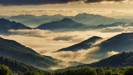 Mountain landscape with a view of the mountains covered with fog.