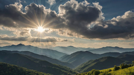 Mountain landscape with sun rays and clouds. Ukraine, Europe.