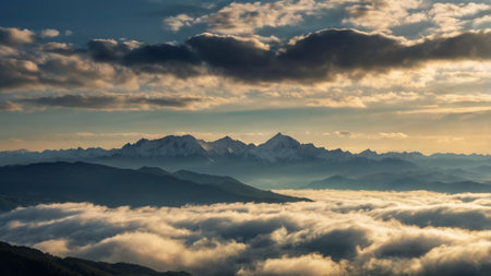 Foggy morning at the top of the mountains. Landscape with mountains and clouds.