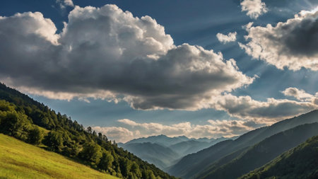 Beautiful mountain landscape with blue sky and clouds. Panoramic view.