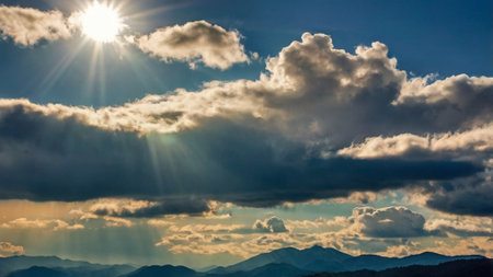 Blue sky with clouds and sun. Nature composition. Toned.