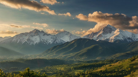 Beautiful panorama of the Caucasus mountains at sunset, Georgia.の写真素材