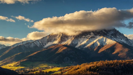 Beautiful alpine landscape with snow-capped mountains at sunsetの写真素材
