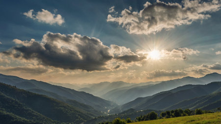 Mountain landscape with sun and clouds. Panoramic view.