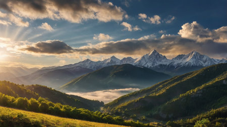 Mountain landscape at sunset. Panoramic view of the Caucasus mountains.