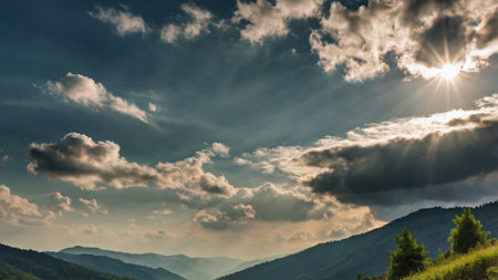 Majestic sunset in the mountains landscape. Dramatic sky. Carpathian, Ukraine, Europeの写真素材
