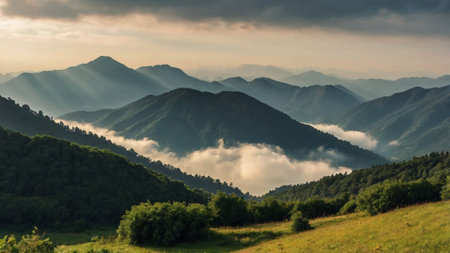 Beautiful summer mountain landscape with fog in the morning. Carpathian, Ukraine