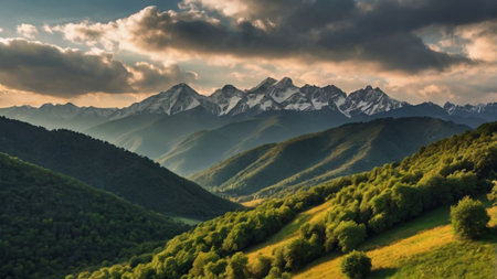 Beautiful mountain landscape at sunset. View of the Caucasus Mountains, Georgia.の写真素材
