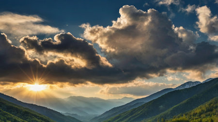 Panorama of the mountains at sunset, Carpathians, Ukraineの写真素材