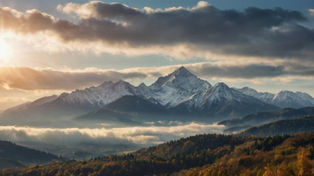 Mountain peaks in the clouds. Panoramic view of the mountain range.の写真素材