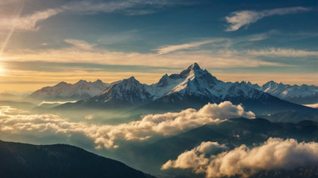 Panoramic view of mountains at sunset.