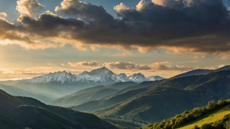 Beautiful mountain panorama at sunset in Caucasus mountains. Georgia.