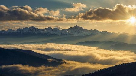 Sunset over the mountains in the clouds. Landscape of the Alps.