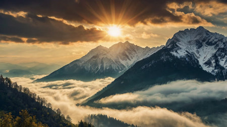 Mountain landscape. Panoramic view of the mountains in the morning mist.