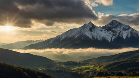 Sunset in the mountains. Panoramic view of the Alps.